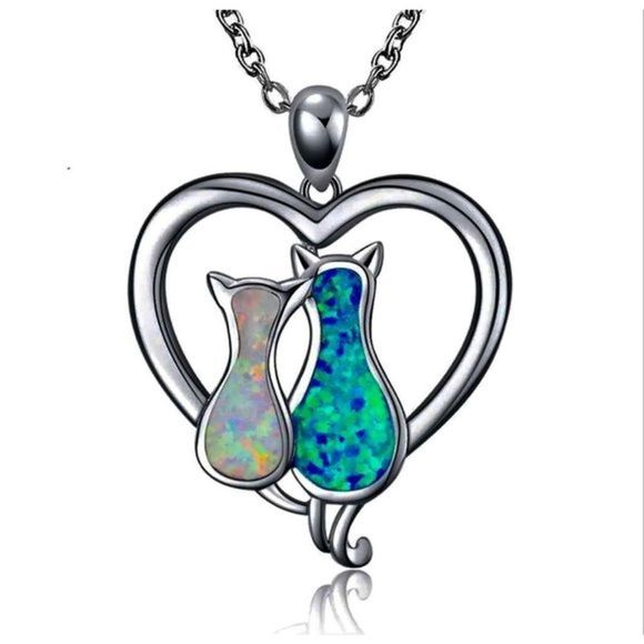 BLUE AND WHITE OPAL KITTY CAT LOVE NECKLACE - Picture 2 of 5